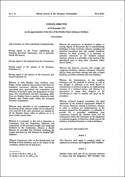 Council Directive 76/116/EEC of 18 December 1975 on the approximation of the laws of the Member States relating to fertilizers (repealed)