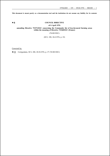 Council Directive 76/401/EEC of 6 April 1976 amending Directive 75/271/EEC concerning the Community list of less-favoured farming areas within the meaning of Directive 75/268/EEC (France)