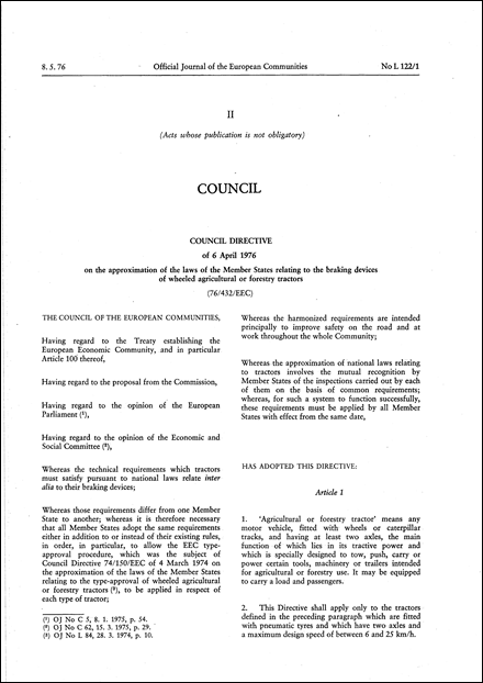 Council Directive 76/432/EEC of 6 April 1976 on the approximation of the laws of the Member States relating to the braking devices of wheeled agricultural or forestry tractors