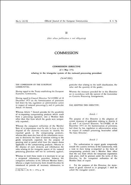 Commission Directive 76/447/EEC of 4 May 1976 relating to the triangular system of the outward processing procedure