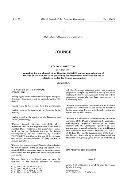 Council Directive 76/462/EEC of 4 May 1976 amending for the eleventh time Directive 64/54/EEC on the approximation of the laws of the Member States concerning the preservatives authorized for use in foodstuffs intended for human consumption