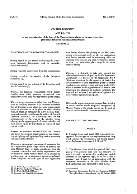 Council Directive 76/760/EEC of 27 July 1976 on the approximation of the laws of the Member States relating to the rear registration plate lamps for motor vehicles and their trailers (repealed)