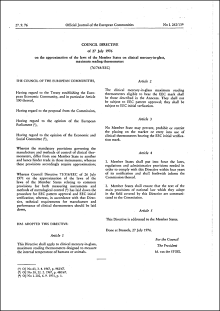 Council Directive 76/764/EEC of 27 July 1976 on the approximation of the laws of the Member States on clinical mercury-in-glass, maximum reading thermometers