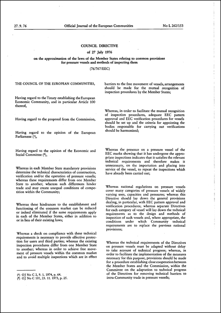 Council Directive 76/767/EEC of 27 July 1976 on the approximation of the laws of the Member States relating to common provisions for pressure vessels and methods for inspecting them (repealed)