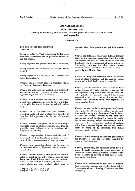 Council Directive 76/895/EEC of 23 November 1976 relating to the fixing of maximum levels for pesticide residues in and on fruit and vegetables (repealed)