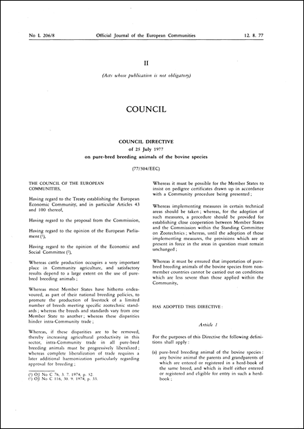 Council Directive 77/504/EEC of 25 July 1977 on pure- bred breeding animals of the bovine species (repealed)