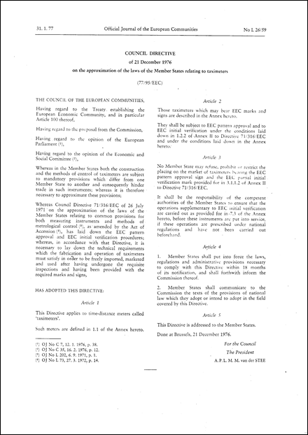 Council Directive 77/95/EEC of 21 December 1976 on the approximation of the laws of the Member States relating to taximeters