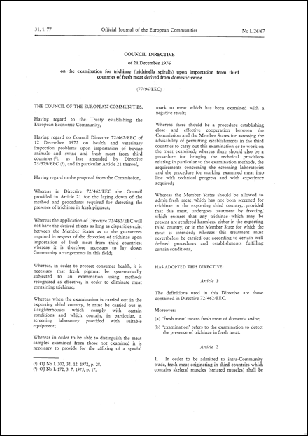 Council Directive 77/96/EEC of 21 December 1976 on the examination for trichinae (trichinella spiralis) upon importation from third countries of fresh meat derived from domestic swine