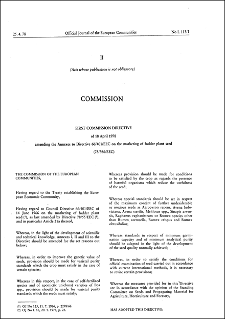 First Commission Directive 78/386/EEC of 18 April 1978 amending the Annexes to Directive 66/401/EEC on the marketing of fodder plant seed