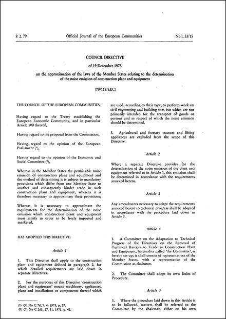 Council Directive 79/113/EEC of 19 December 1978 on the approximation of the laws of the Member States relating to the determination of the noise emission of construction plant and equipment