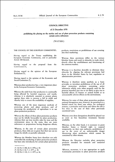 Council Directive 79/117/EEC of 21 December 1978 prohibiting the placing on the market and use of plant protection products containing certain active substances (repealed)