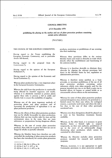 Council Directive 79/117/EEC of 21 December 1978 prohibiting the