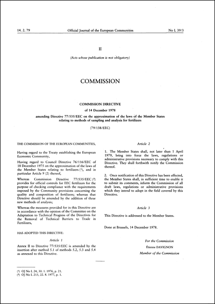 Commission Directive 79/138/EEC of 14 December 1978 amending Directive 77/535/EEC on the approximation of the laws of the Member States relating to methods of sampling and analysis for fertilizers