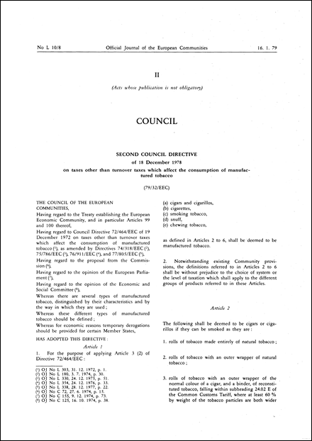 Second Council Directive 79/32/EEC of 18 December 1978 on taxes other than turnover taxes which affect the consumption of manufactured tobacco