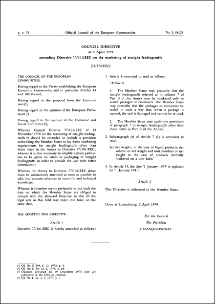 Council Directive 79/372/EEC of 2 April 1979 amending Directive 77/101/EEC on the marketing of straight feedingstuffs
