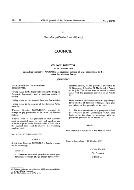 Council Directive 79/920/EEC of 29 October 1979 amending Directive 76/630/EEC concerning surveys of pig production to be made by Member States