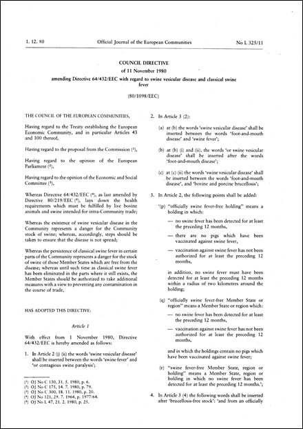 Council Directive 80/1098/EEC of 11 November 1980 amending Directive 64/432/EEC with regard to swine vesicular disease and classical swine fever
