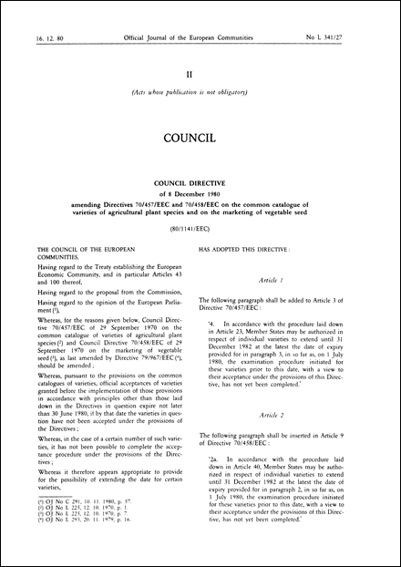 Council Directive 80/1141/EEC of 8 December 1980 amending Directives 70/457/EEC and 70/458/EEC on the common catalogue of varieties of agricultural plant species and on the marketing of vegetable seed