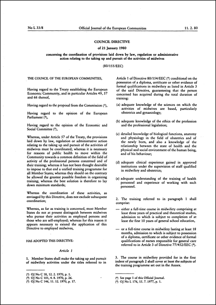 Council Directive 80/155/EEC of 21 January 1980 concerning the coordination of provisions laid down by Law, Regulation or Administrative Action relating to the taking up and pursuit of the activities of midwives (repealed)