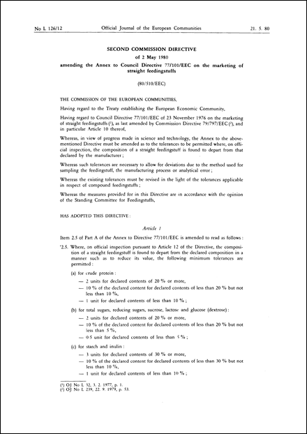 Second Commission Directive 80/510/EEC of 2 May 1980 amending the Annex to Council Directive 77/101/EEC on the marketing of straight feedingstuffs