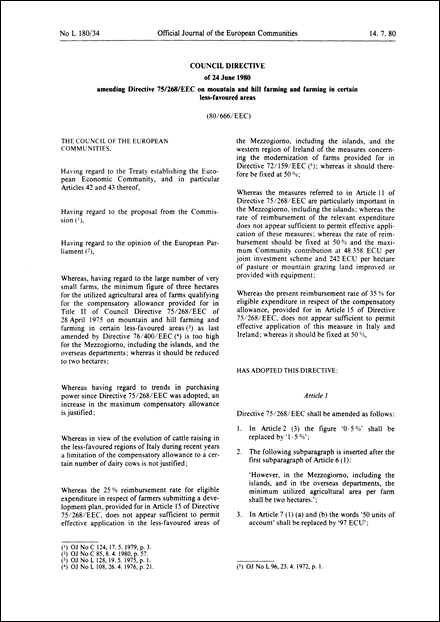 Council Directive 80/666/EEC of 24 June 1980 amending Directive 75/268/EEC on mountain and hill farming and farming in certain less-favoured areas