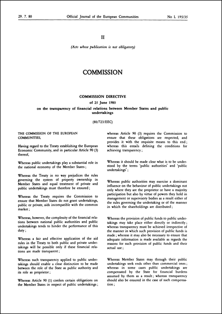 Commission Directive 80/723/EEC of 25 June 1980 on the transparency of financial relations between Member States and public undertakings (repealed)
