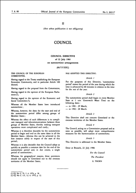 Council Directive 80/737/EEC of 22 July 1980 on summertime arrangements