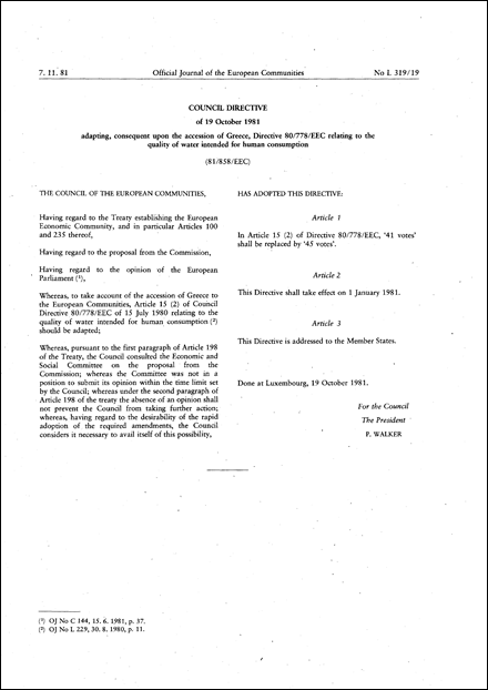 Council Directive 81/858/EEC of 19 October 1981 adapting, consequent upon the accession of Greece, Directive 80/778/EEC relating to the quality of water intended for human consumption