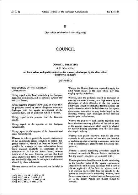Council Directive 82/176/EEC of 22 March 1982 on limit values and quality objectives for mercury discharges by the chlor-alkali electrolysis industry (repealed)
