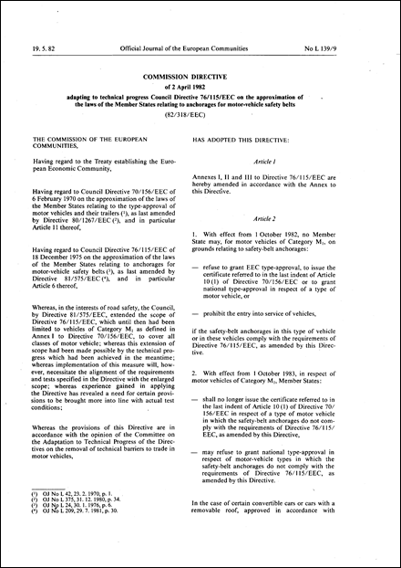 Commission Directive 82/318/EEC of 2 April 1982 adapting to technical progress Council Directive 76/115/EEC on the approximation of the laws of the Member States relating to anchorages for motor-vehicle safety belts