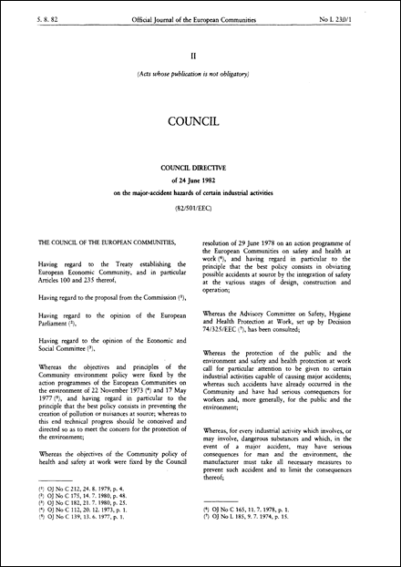 Council Directive 82/501/EEC of 24 June 1982 on the major-accident hazards of certain industrial activities