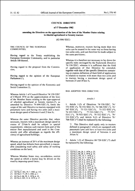 Council Directive 82/890/EEC of 17 December 1982 amending the Directives on the approximation of the laws of the Member States relating to wheeled agricultural or forestry tractors