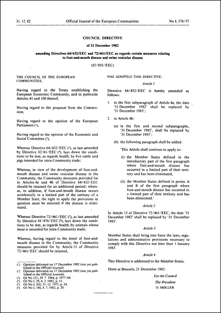 Council Directive 82/893/EEC of 21 December 1982 amending Directives 64/432/EEC and 72/461/EEC as regards certain measures relating to foot-and-mouth disease and swine vesicular disease