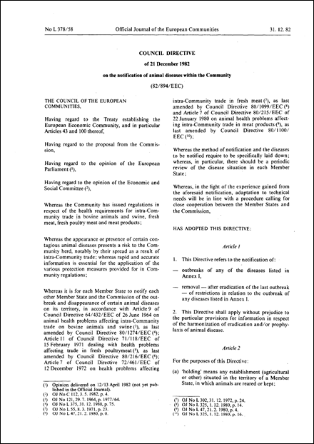 Council Directive 82/894/EEC of 21 December 1982 on the notification of animal diseases within the Community