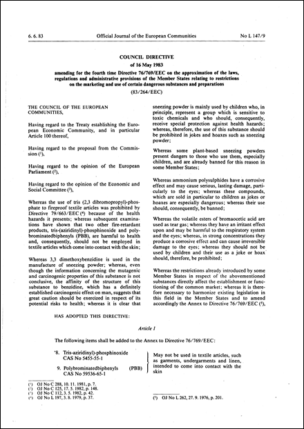 Council Directive 83/264/EEC of 16 May 1983 amending for the fourth time Directive 76/769/EEC on the approximation of the laws, regulations and administrative provisions of the Member States relating to restrictions on the marketing and use of certain dangerous substances and preparations