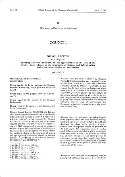 Council Directive 83/276/EEC of 26 May 1983 amending Directive 76/756/EEC on the approximation of the laws of the Member States relating to the installation of lighting and light-signalling devices on motor vehicles and their trailers