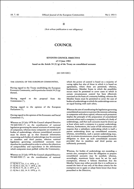 Seventh Council Directive 83/349/EEC of 13 June 1983 based on the Article 54 (3) (g) of the Treaty on consolidated accounts (repealed)