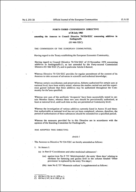 Forty-third Commission Directive 83/466/EEC of 28 July 1983 amending the Annexes to Council Directive 70/524/EEC concerning additives in feedingstuffs