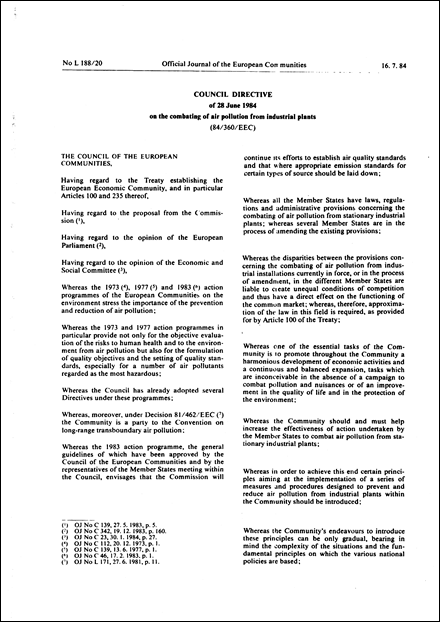 Council Directive 84/360/EEC of 28 June 1984 on the combating of air pollution from industrial plants (repealed)