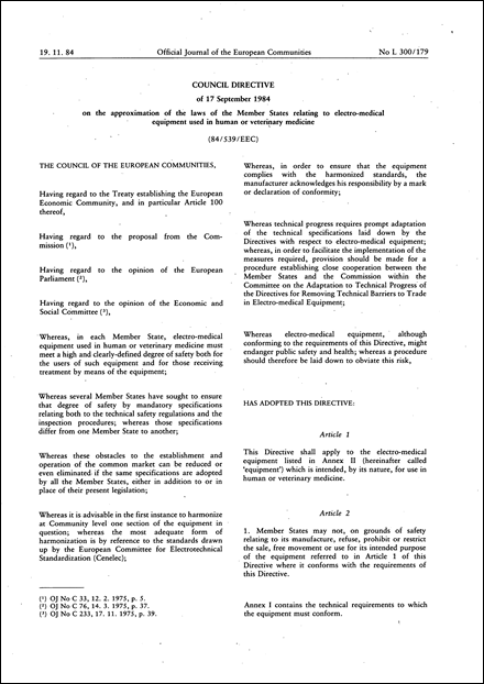 Council Directive 84/539/EEC of 17 September 1984 on the approximation of the laws of the Member States relating to electro-medical equipment used in human or veterinary medicine (repealed)