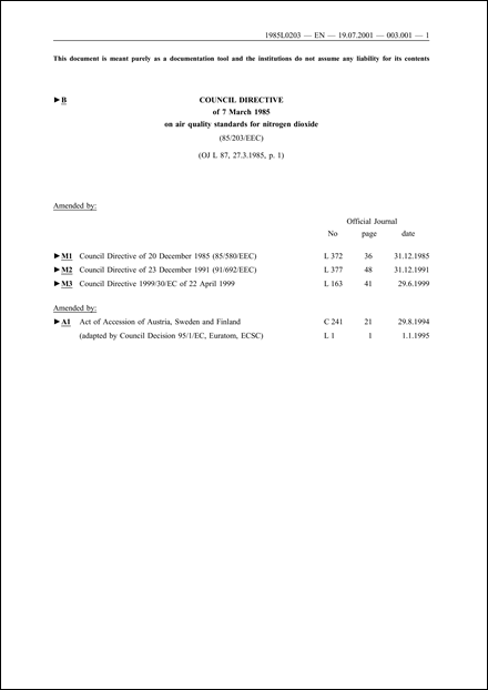 Council Directive 85/203/EEC of 7 March 1985 on air quality standards for nitrogen dioxide