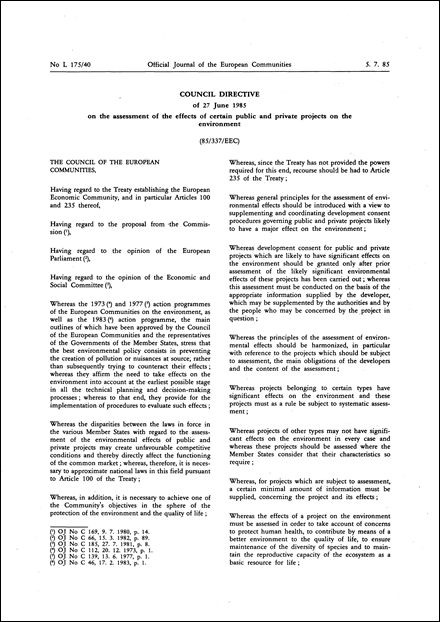 Council Directive 85/337/EEC of 27 June 1985 on the assessment of the effects of certain public and private projects on the environment (repealed)