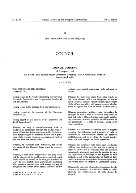 Council Directive 85/397/EEC of 5 August 1985 on health and animal-health problems affecting intra-Community trade in heat-treated milk