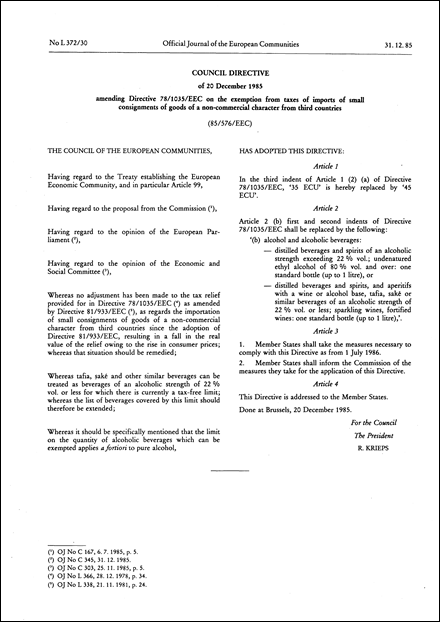 Council Directive 85/576/EEC of 20 December 1985 amending Directive 78/1035/EEC on the exemption from taxes of imports of small consignments of goods of a non-commercial character from third countries