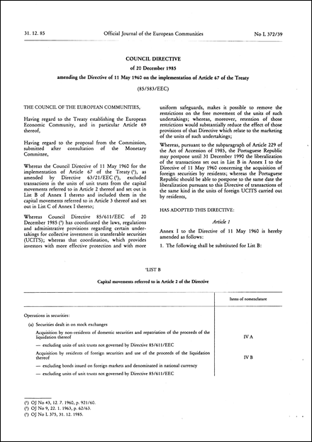Council Directive 85/583/EEC of 20 December 1985 amending the Directive of 11 May 1960 on the implementation of Article 67 of the Treaty