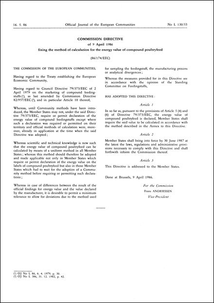 Commission Directive 86/174/EEC of 9 April 1986 fixing the method of calculation for the energy value of compound poultryfeed