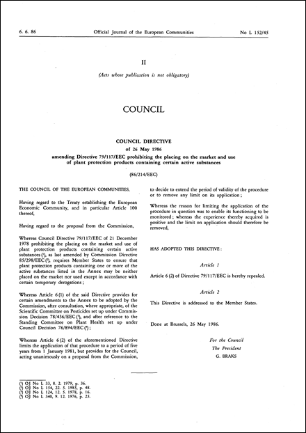 Council Directive 86/214/EEC of 26 May 1986 amending Directive 79/117/EEC prohibiting the placing on the market and use of plant protection products containing certain active substances