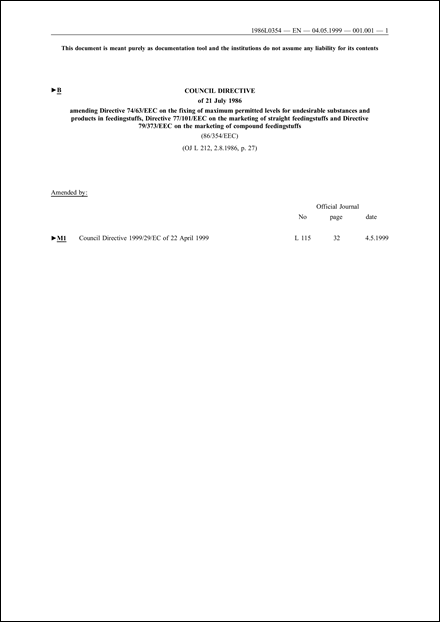 Council Directive 86/354/EEC of 21 July 1986 amending Directive 74/63/EEC on the fixing of maximum permitted levels for undesirable substances and products in feedingstuffs, Directive 77/101/EEC on the marketing of straight feedingstuffs and Directive 79/373/EEC on the marketing of compound feedingstuffs