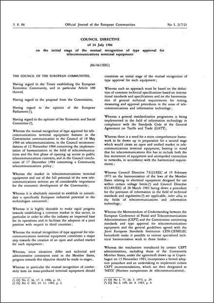 Council Directive 86/361/EEC of 24 July 1986 on the initial stage of the mutual recognition of type approval for telecommunications terminal equipment