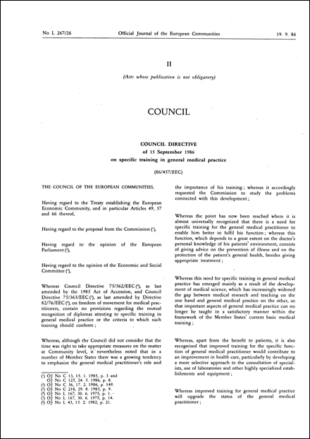 Council Directive 86/457/EEC of 15 September 1986 on specific training in general medical practice